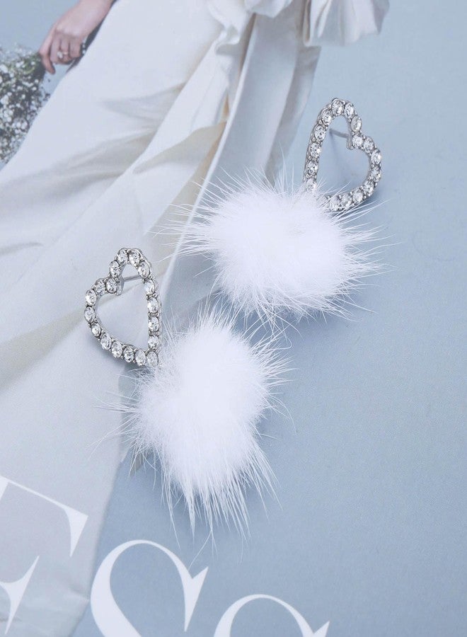 IRCOMULTI Winter Pom Pom Earrings White Fluffy Stud Earrings Pom Pom Ball Earrings Faux Fur Ball Earrings Fluffy Pom Dangle Earrings Jewelry for Women(CZ Heart Style) - Image 5